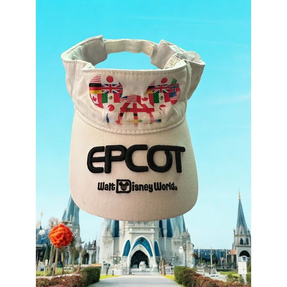 Disney Visor World Epcot White World Showcase Sun Visor Hat Distressed Look